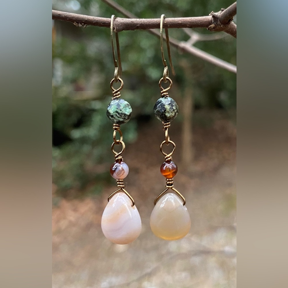 African Turquoise and Dream Agate Dangle Earrings - Picture 6 of 6